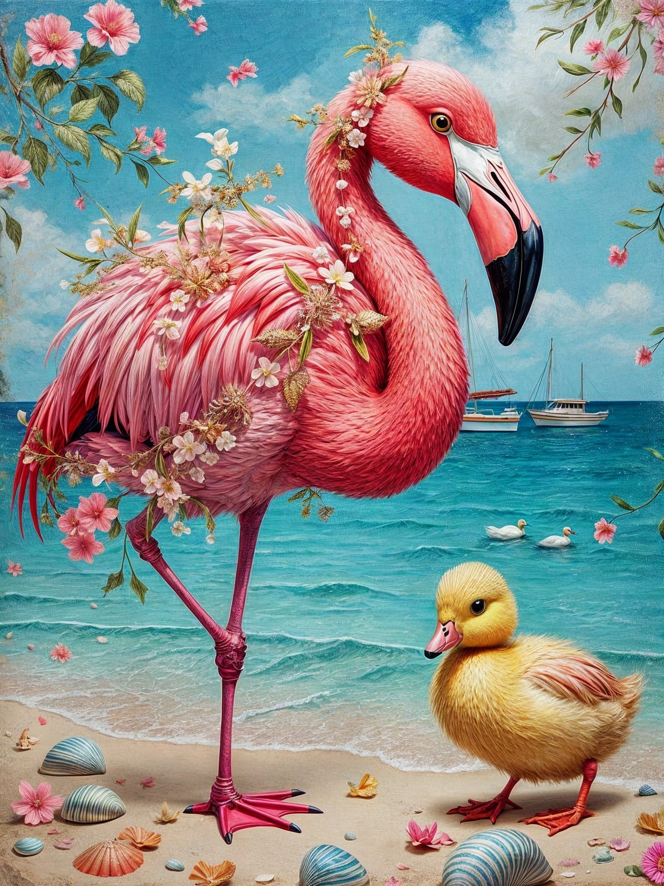 Vibrant Flamingo and Duckling on Sandy Beach Scene