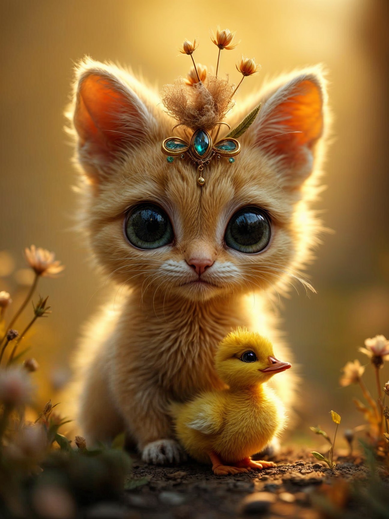 Whimsical Scene of Kitten and Duckling in Flowers