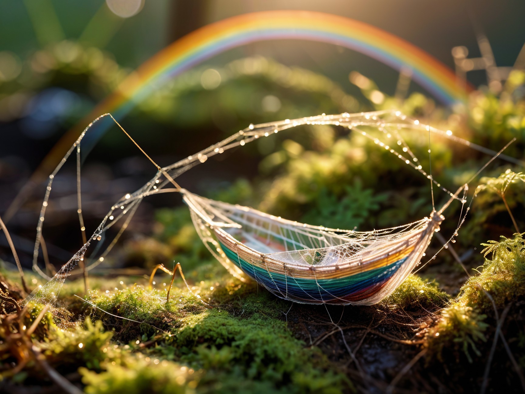 Colorful Hammock Structure Among Lush Greenery and Rainbow