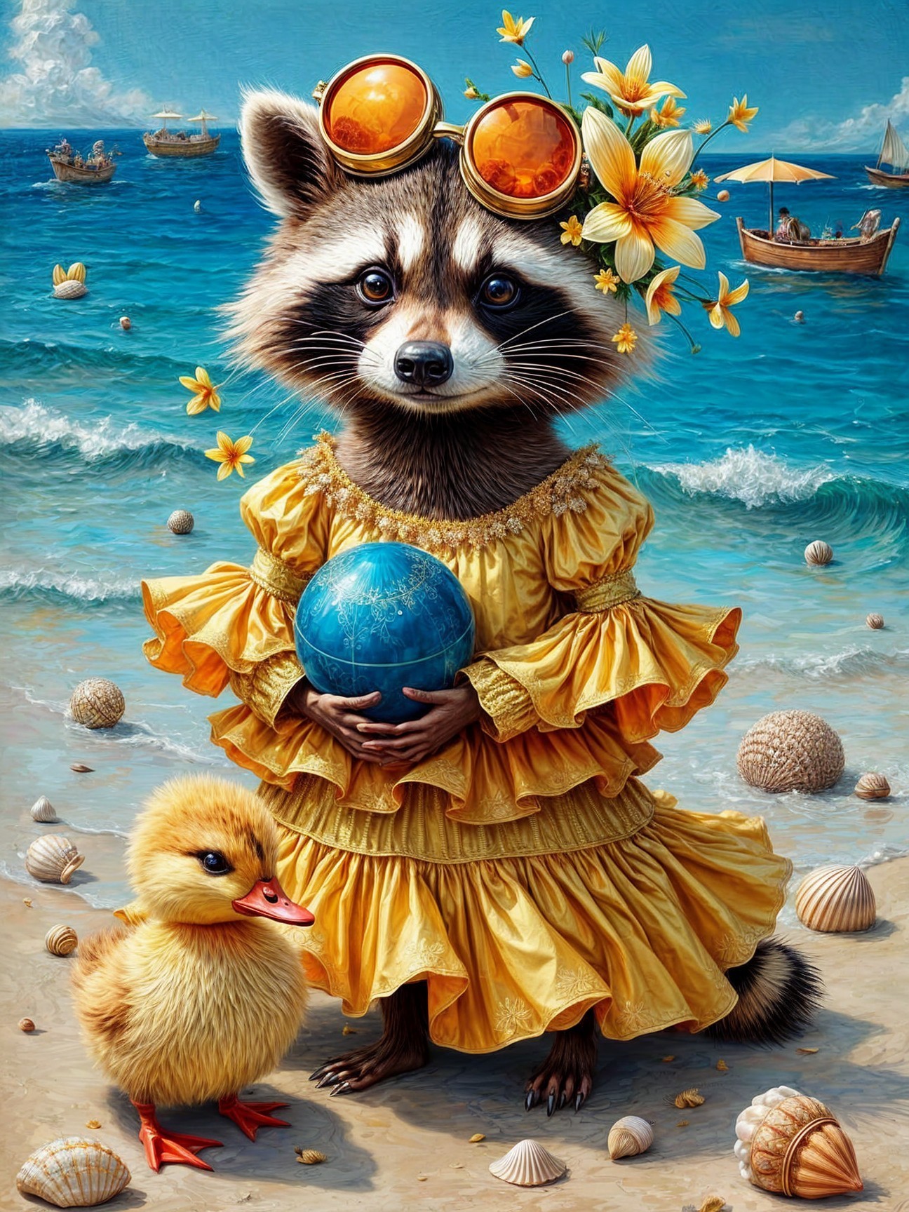 Whimsical Beach Scene with Raccoon and Duckling