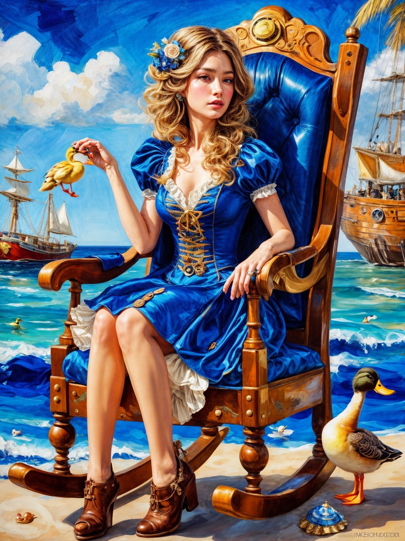 Young Woman in Blue Dress by Beach with Ducks