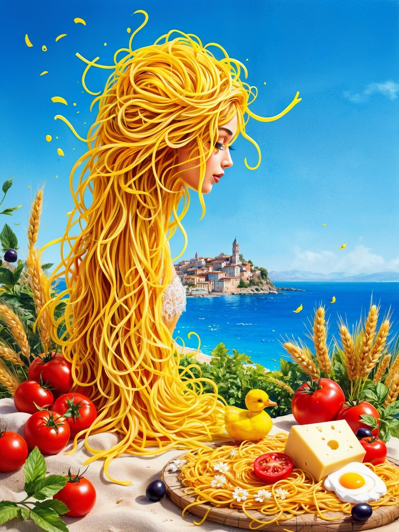 Whimsical Woman with Spaghetti Hair in Seaside Village