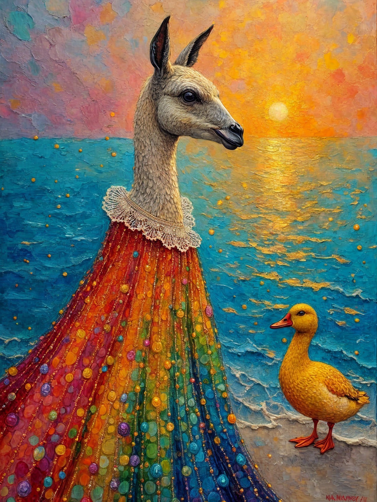 Surreal Scene of Llama with Human Head at Sunset