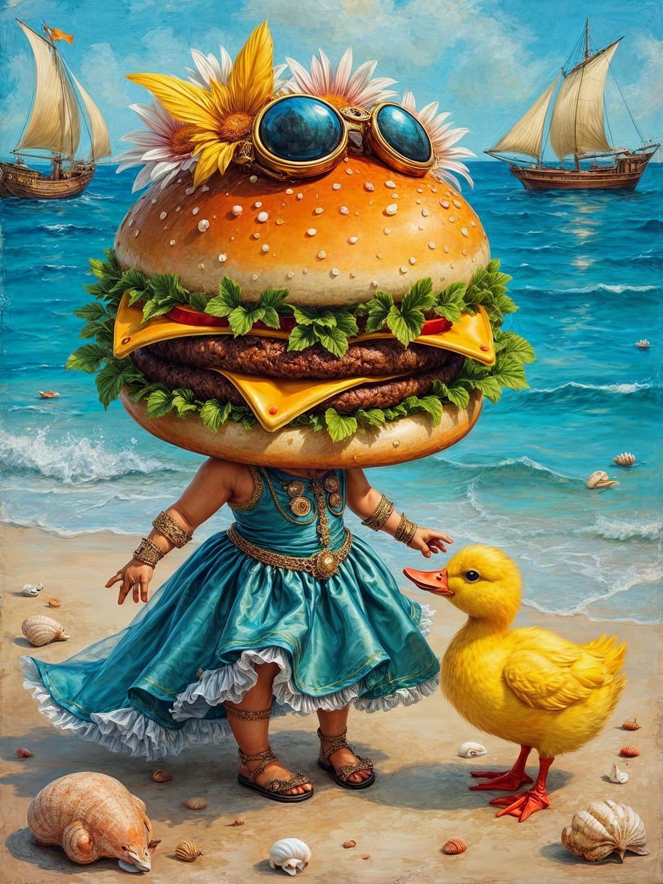 Child with Hamburger Head on Beach with Duckling