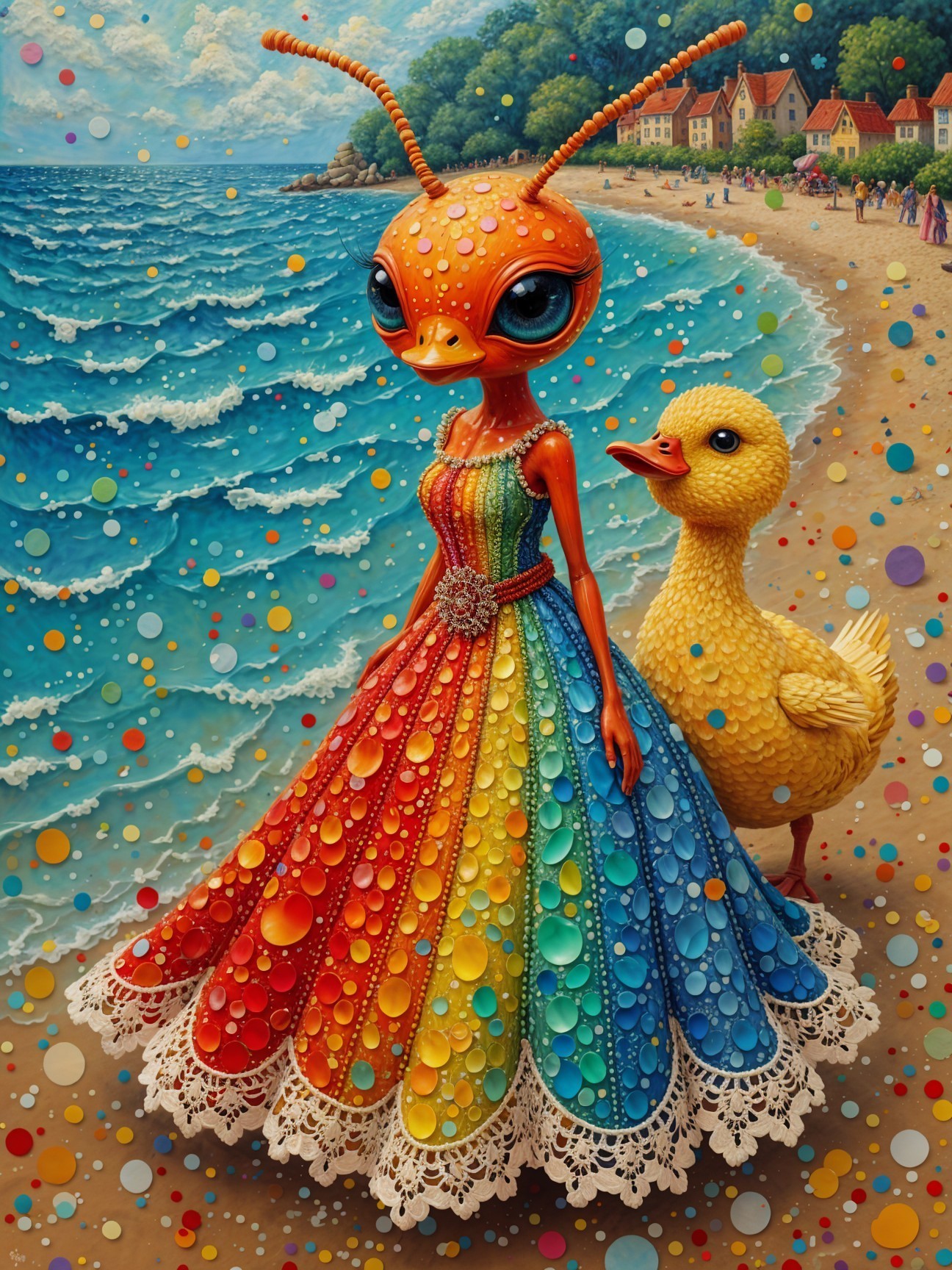 Whimsical Beach Scene with Insect Figure and Duckling