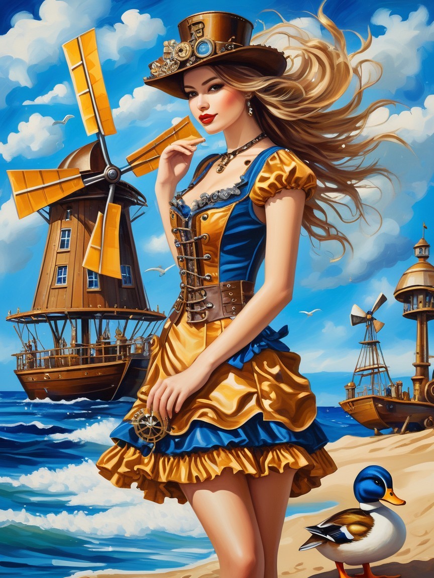 Steampunk Fashion in a Seaside Setting with Windmill