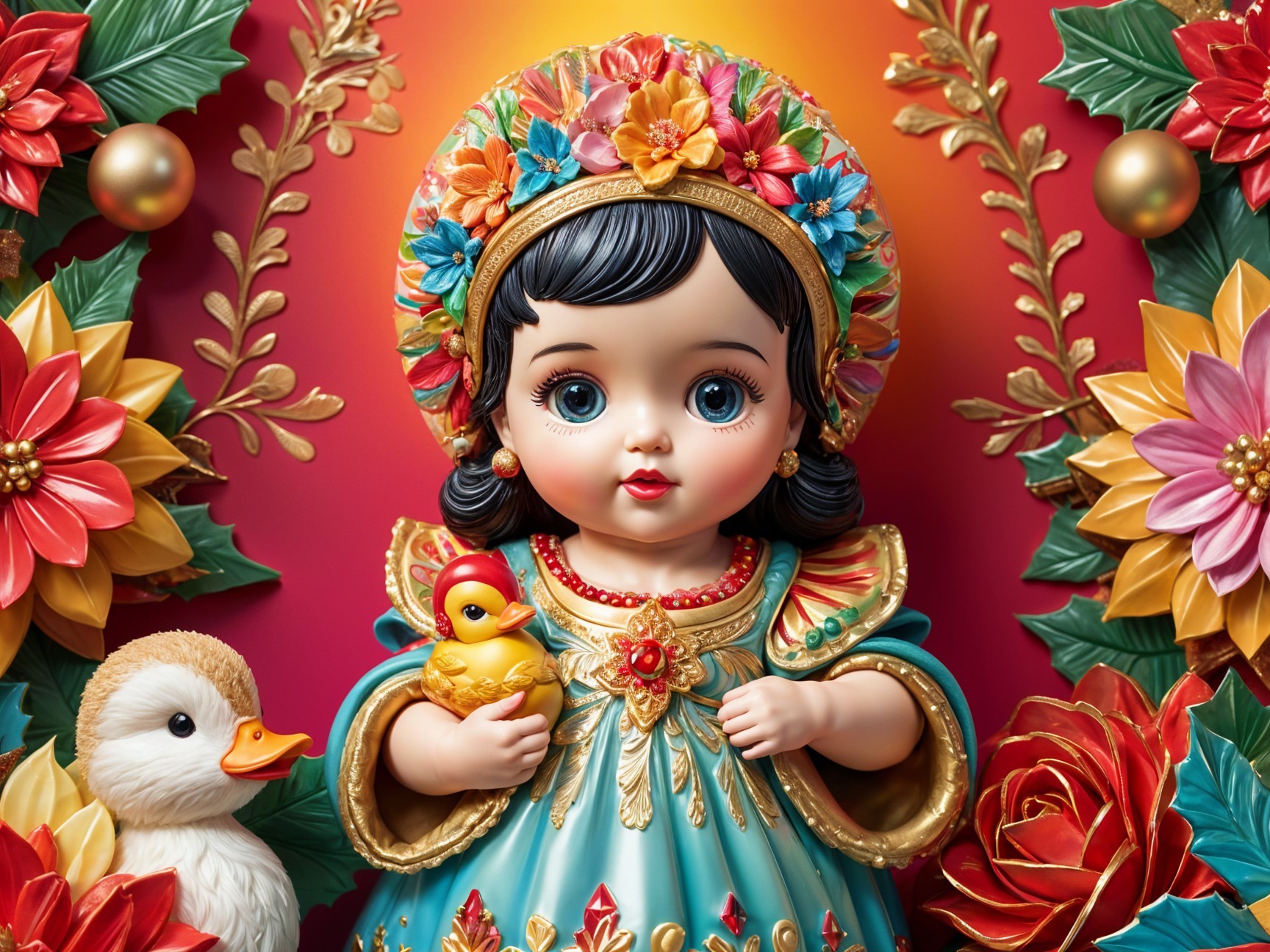 Whimsical Doll in Vibrant Costume with Floral Motifs