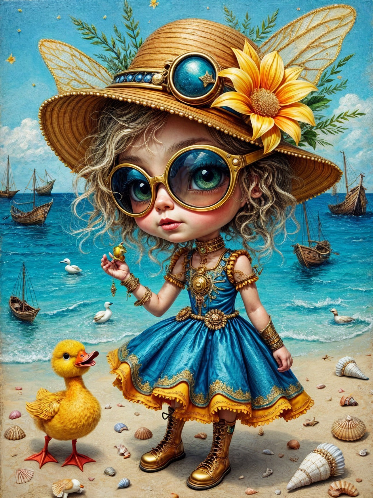 Whimsical Girl in Blue Dress at Sandy Beach Scene
