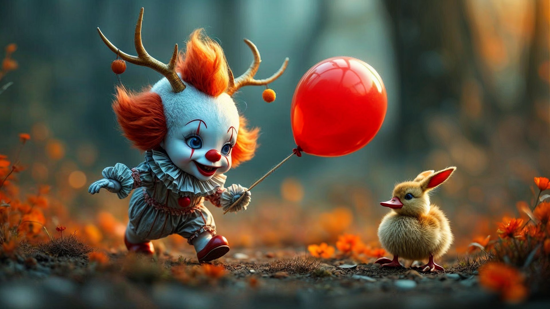Whimsical Forest Scene with Clown and Duckling