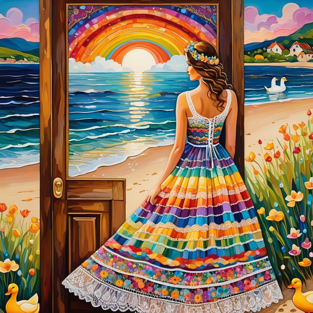 Vibrant Woman in Colorful Dress at Scenic Doorway