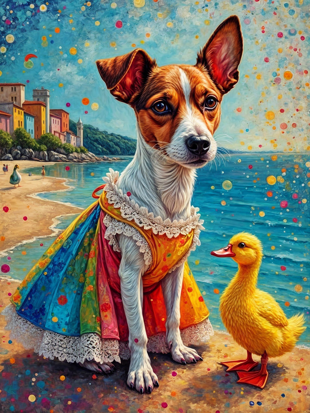 Dressed-Up Dog and Duckling at Colorful Beach Scene