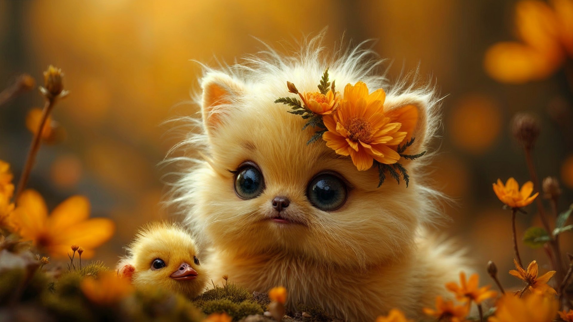 Fluffy Creature with Flower Crown and Duckling in Autumn