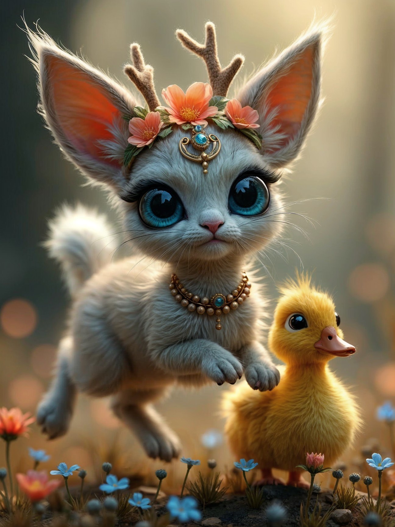 Whimsical Creature in a Colorful Flower Meadow