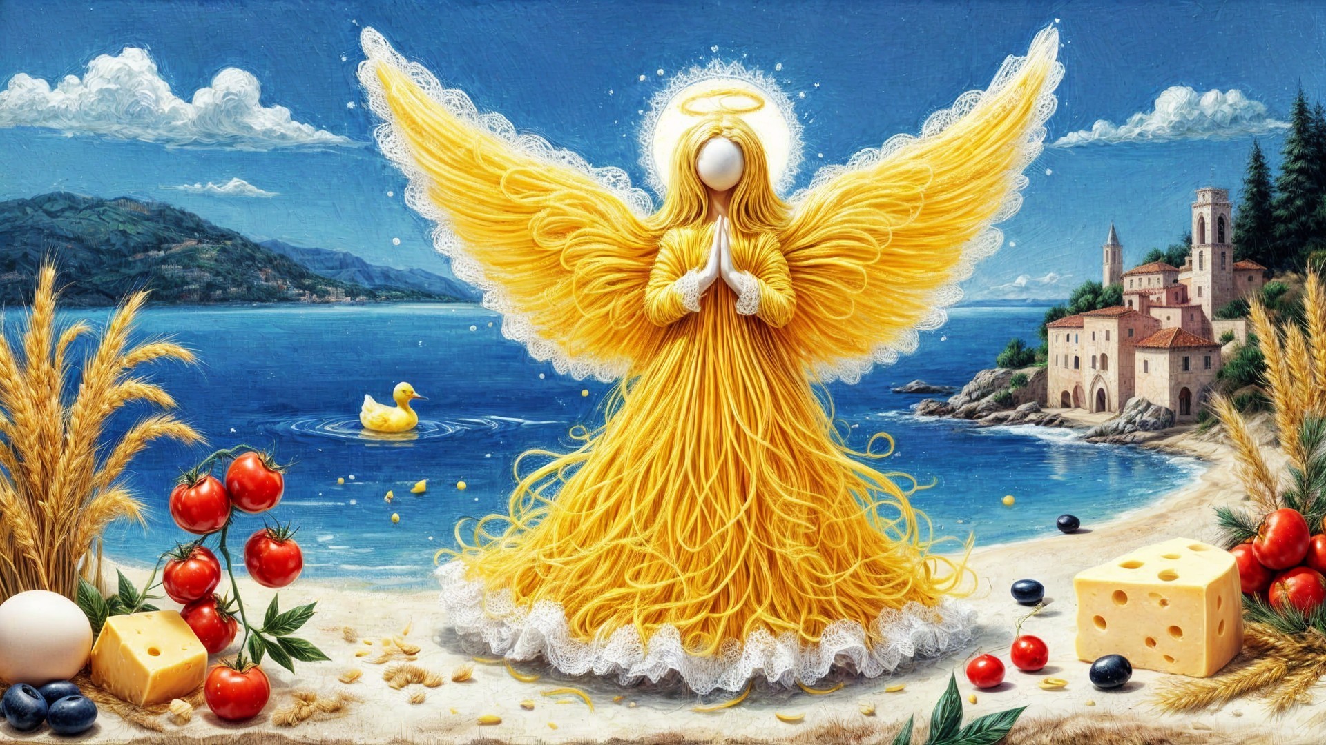 Whimsical Angel Figure Made of Yellow Spaghetti