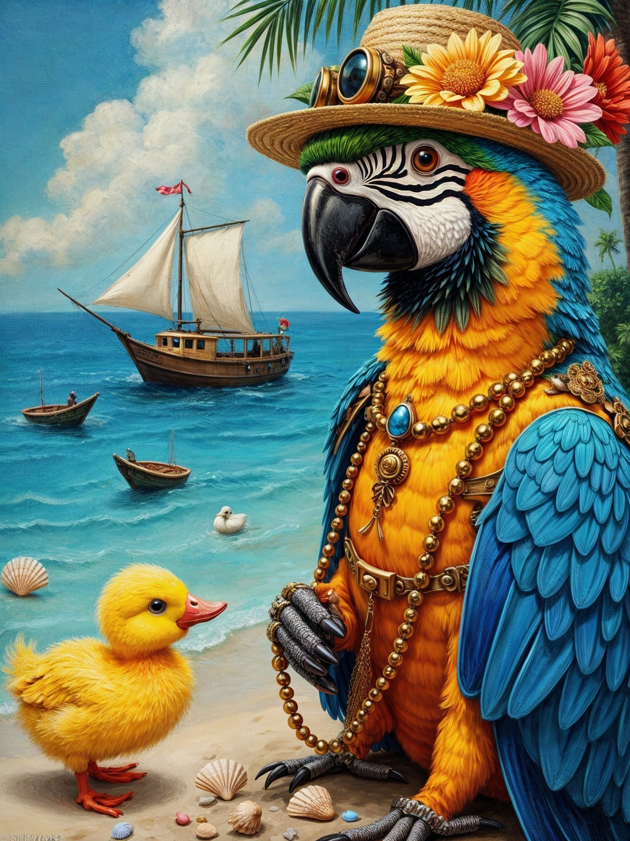 Vibrant Parrot and Duckling on Tropical Beach Scene