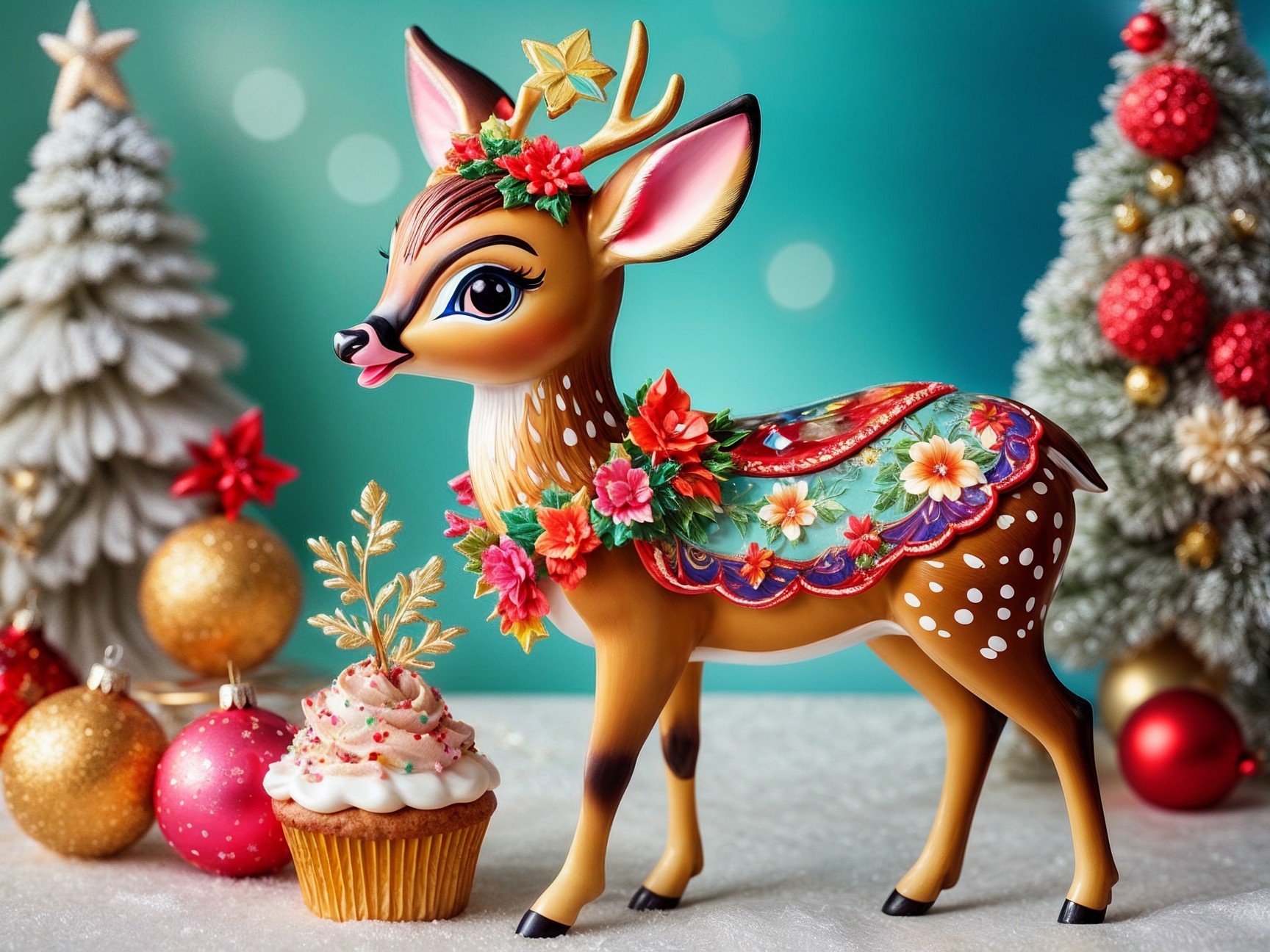Decorative deer figurine with cupcake in festive setting