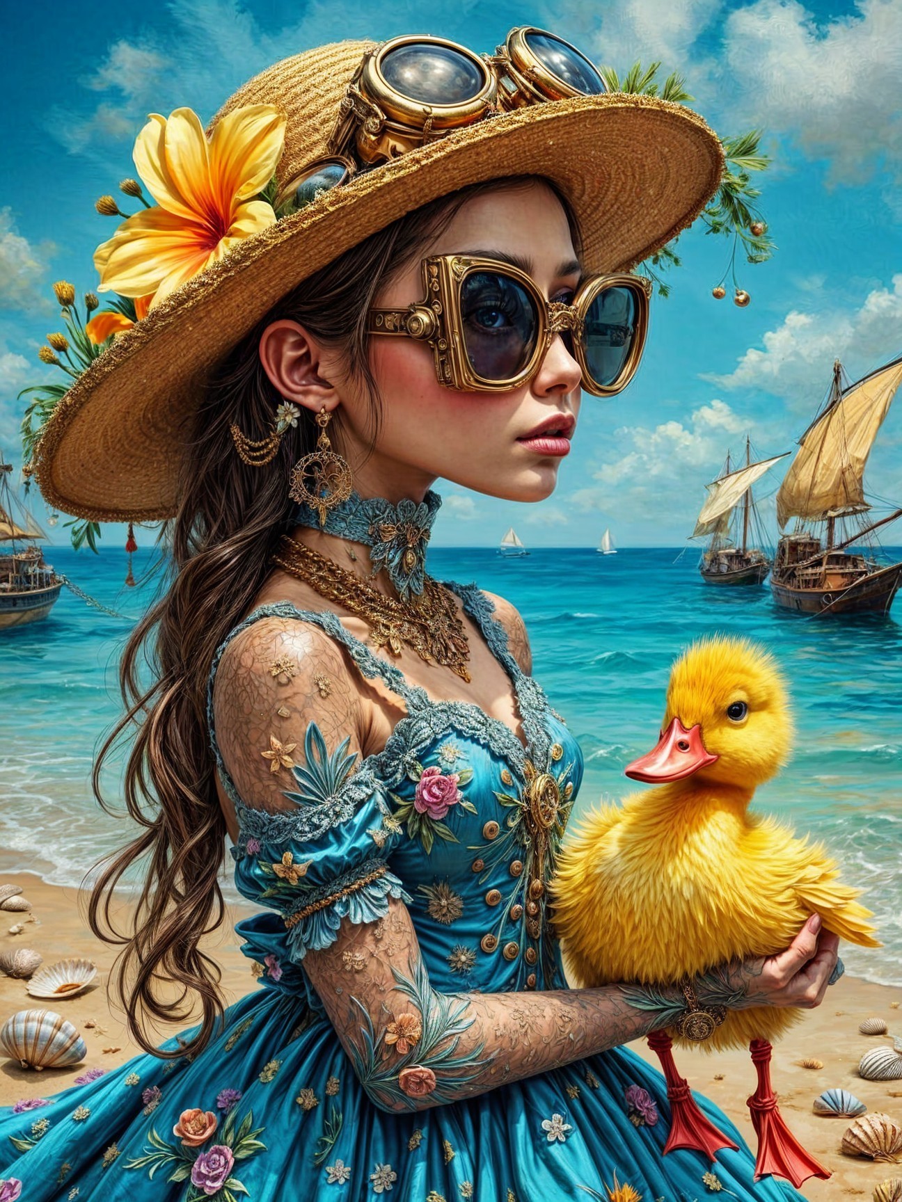 Young Woman in Blue Dress by the Seaside with Duckling