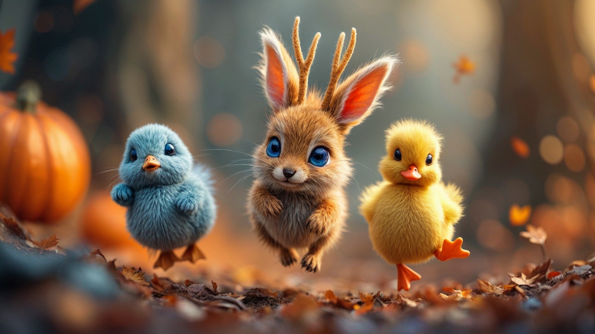 Cartoon Animals in Whimsical Autumn Scene