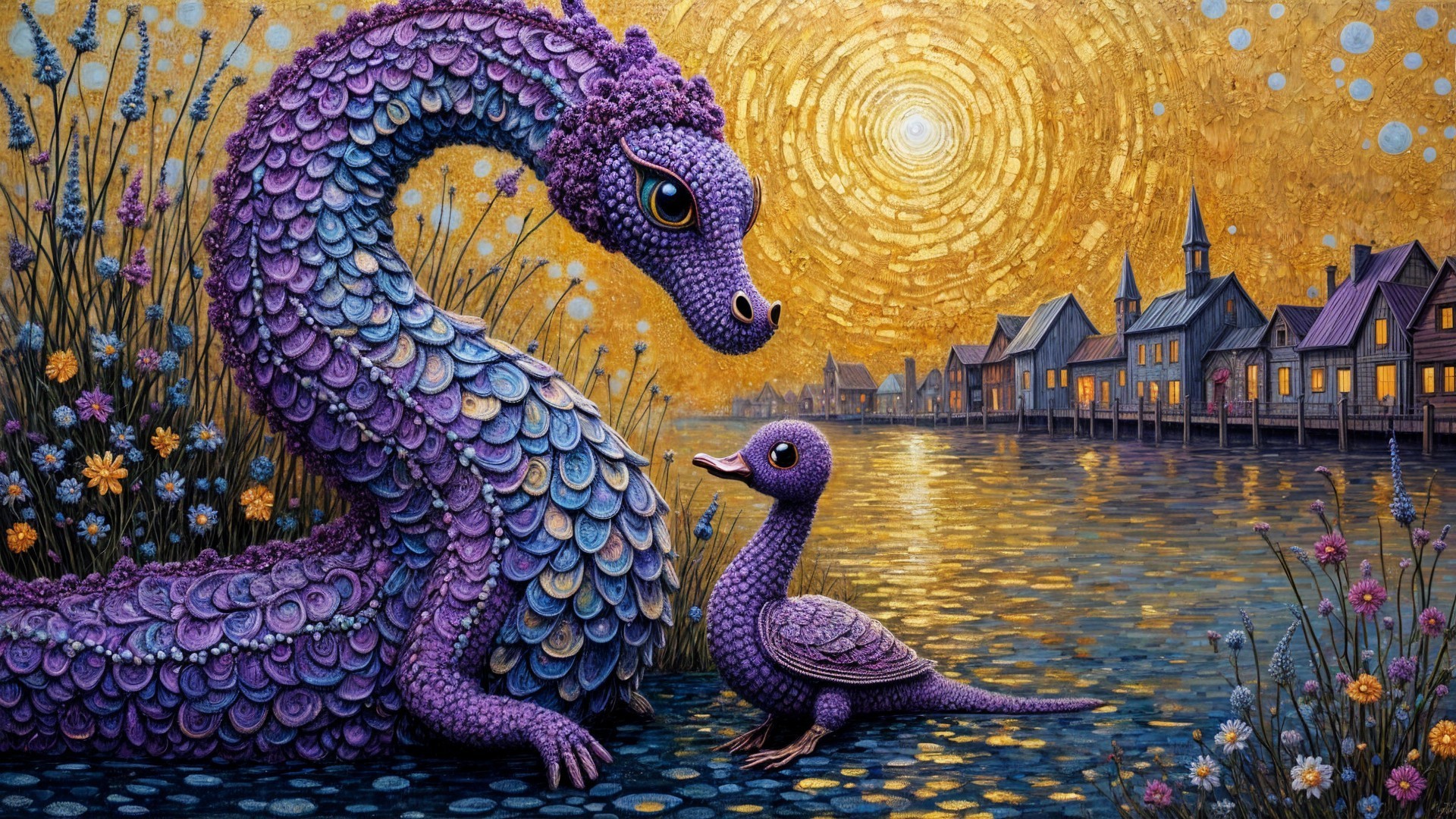 Whimsical Tapestry of Dragon and Duckling by Water