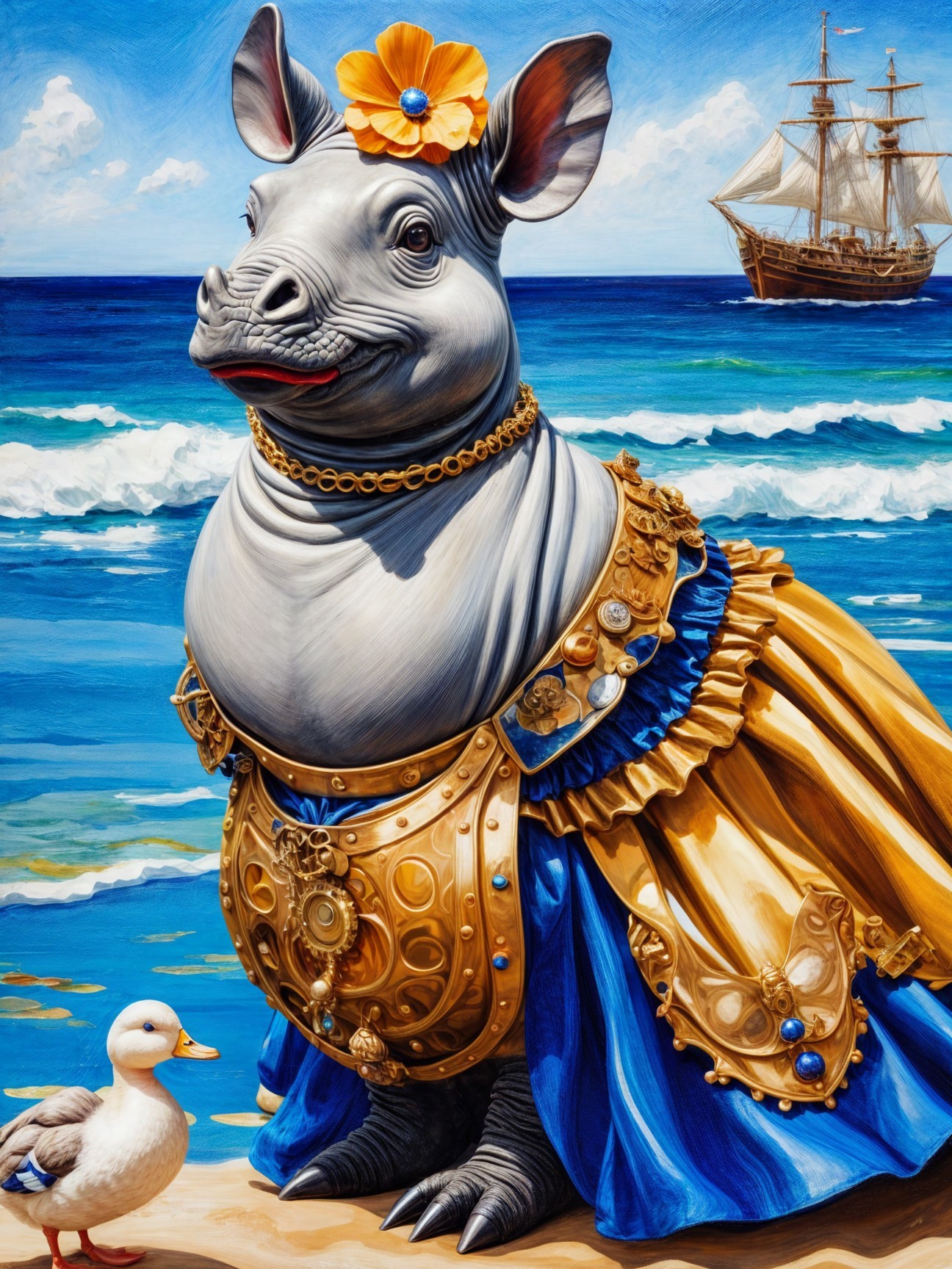 Rhinoceros in Ornate Gown on Sandy Beach Scene