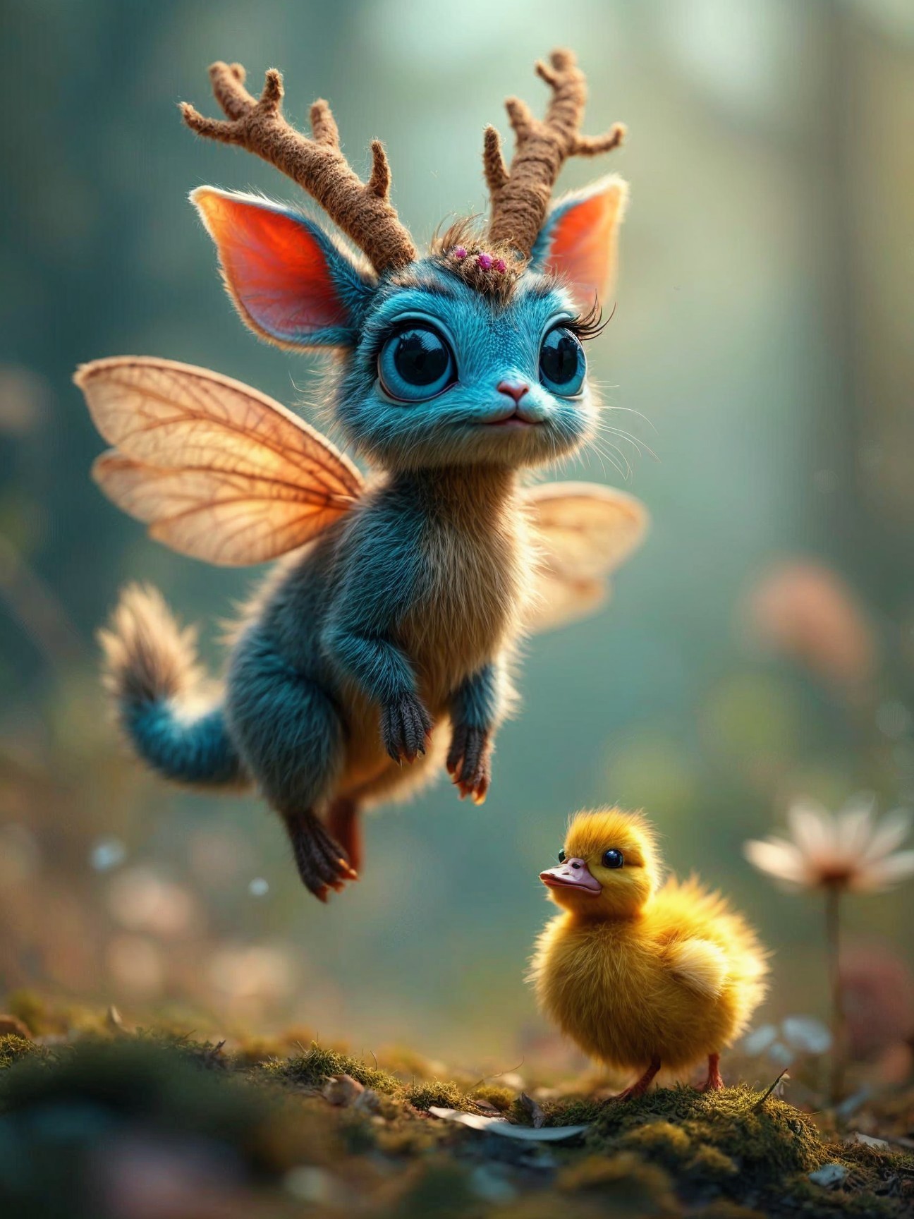 Whimsical Creature and Chick in Serene Forest Scene
