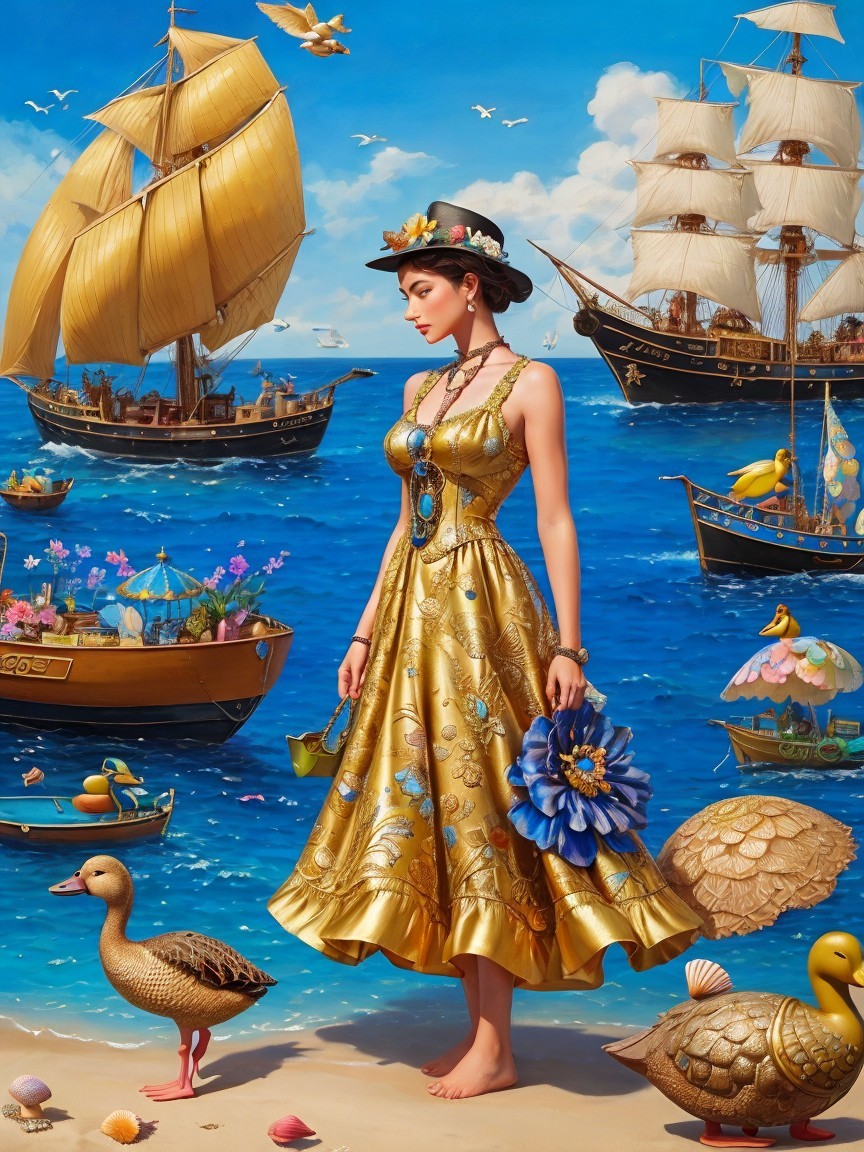 Woman in Gold Dress by Vibrant Blue Sea with Boats