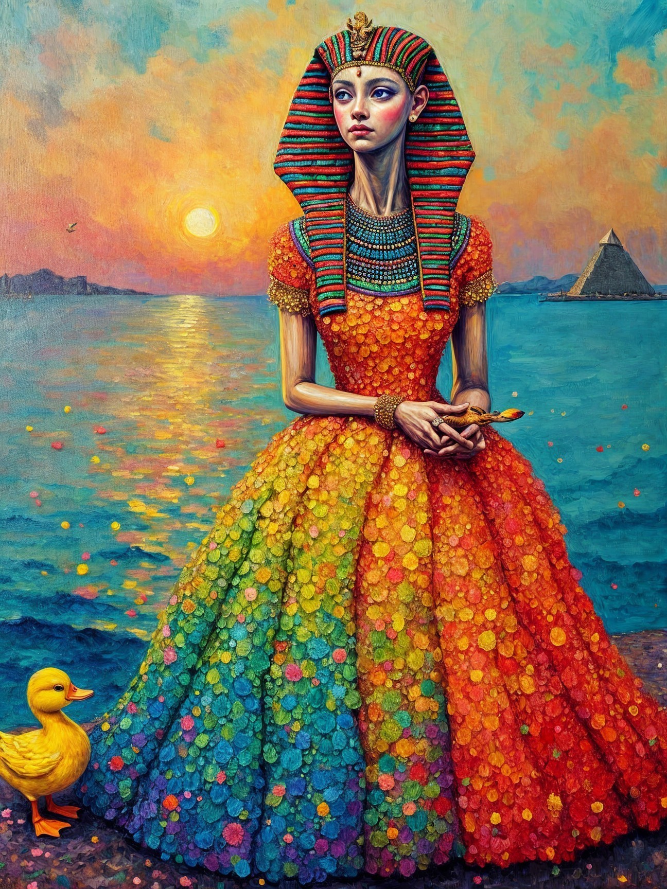 Ancient Egyptian Queen by Water with Pyramids