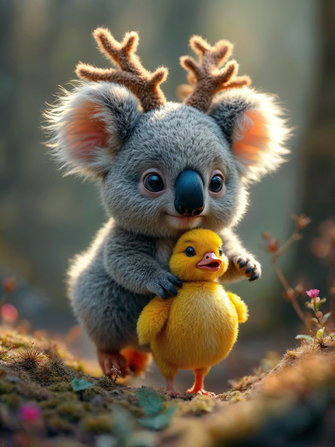 Whimsical Koala with Antlers and Duckling in Forest