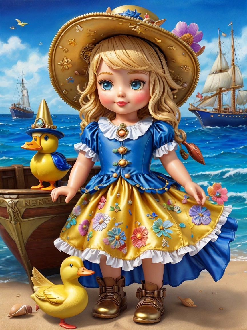 Doll on Beach with Ducks and Sailboats in Background
