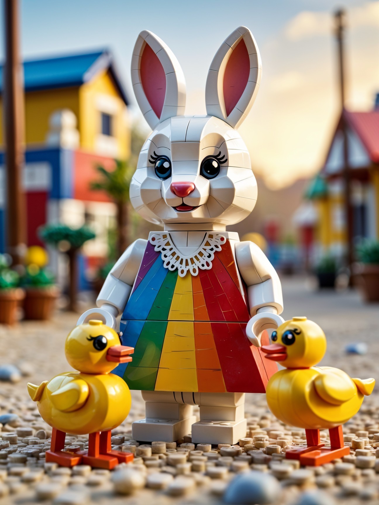 Colorful Block Bunny with Ducklings on Cobblestone Street