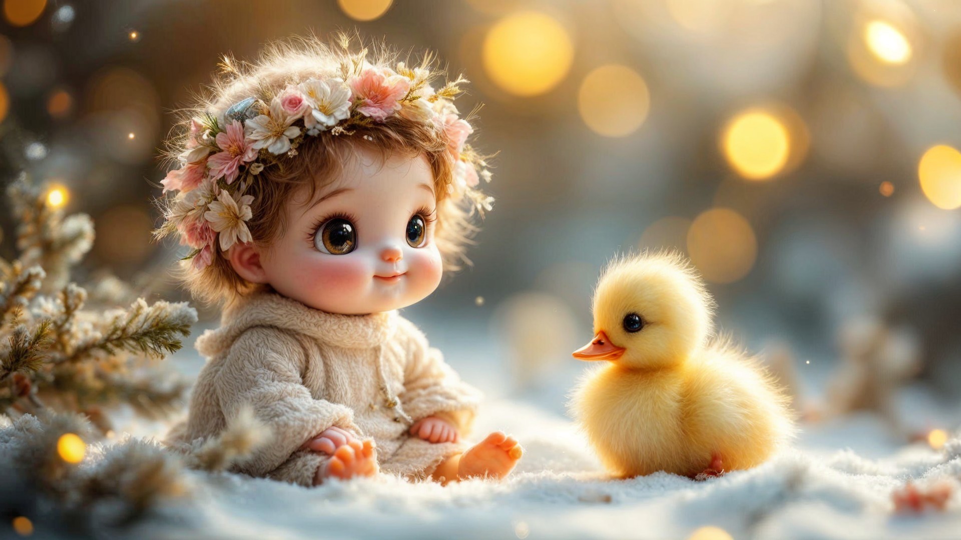 Charming Doll with Duckling in Snowy Setting