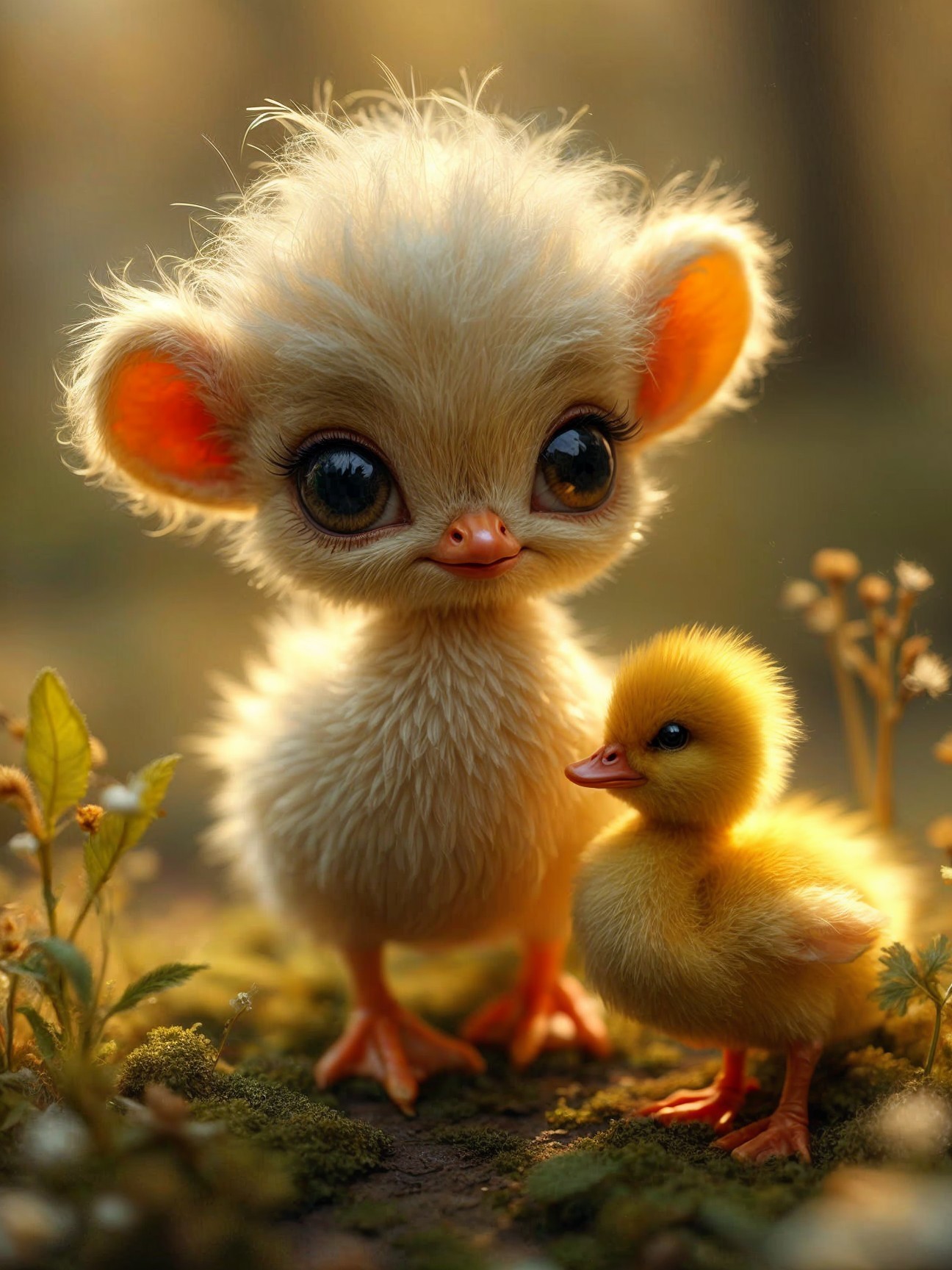 Whimsical Creature and Duckling in Woodland Setting