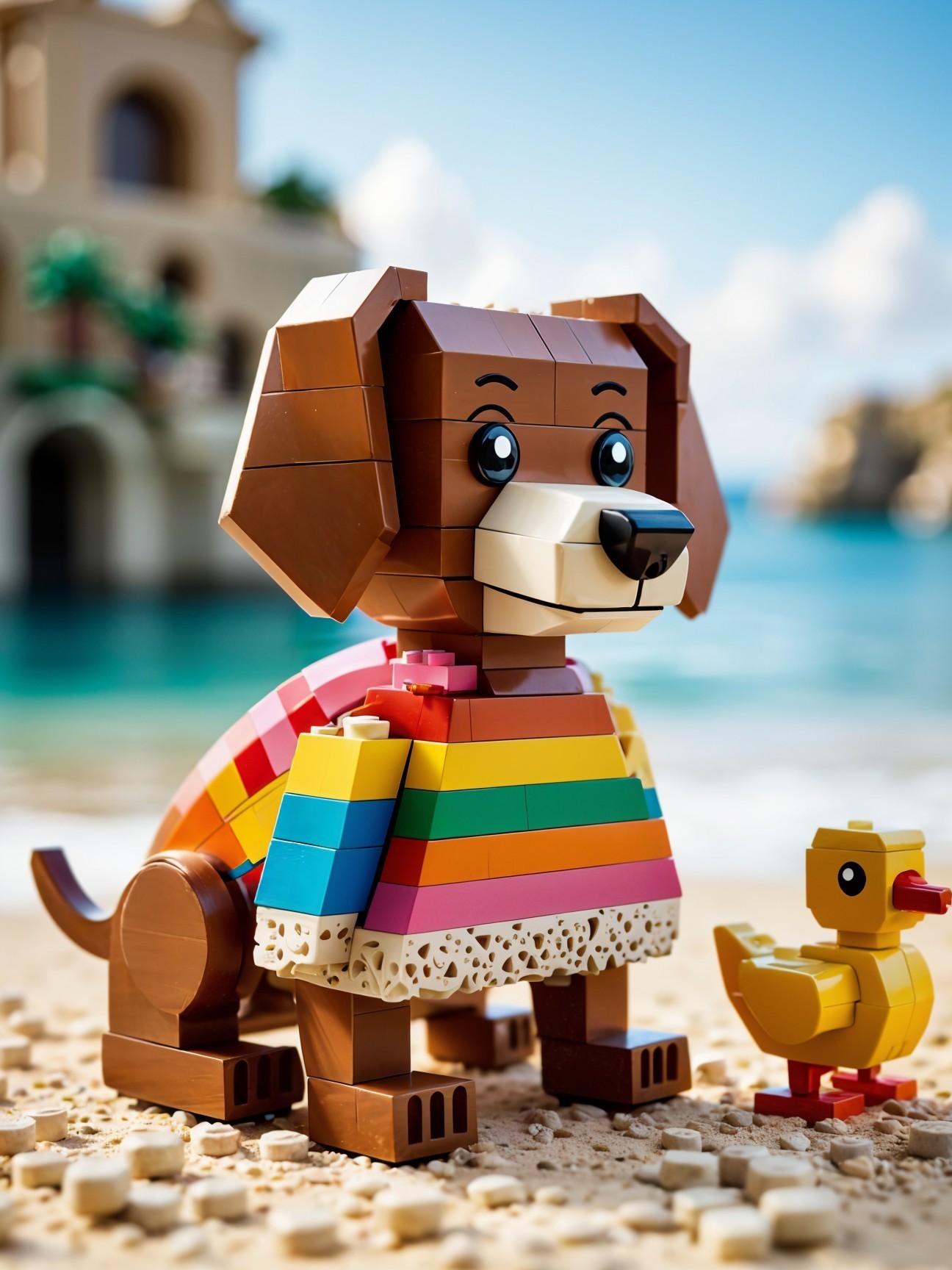 Colorful LEGO Dog Figure on Beach with Duck and Ocean