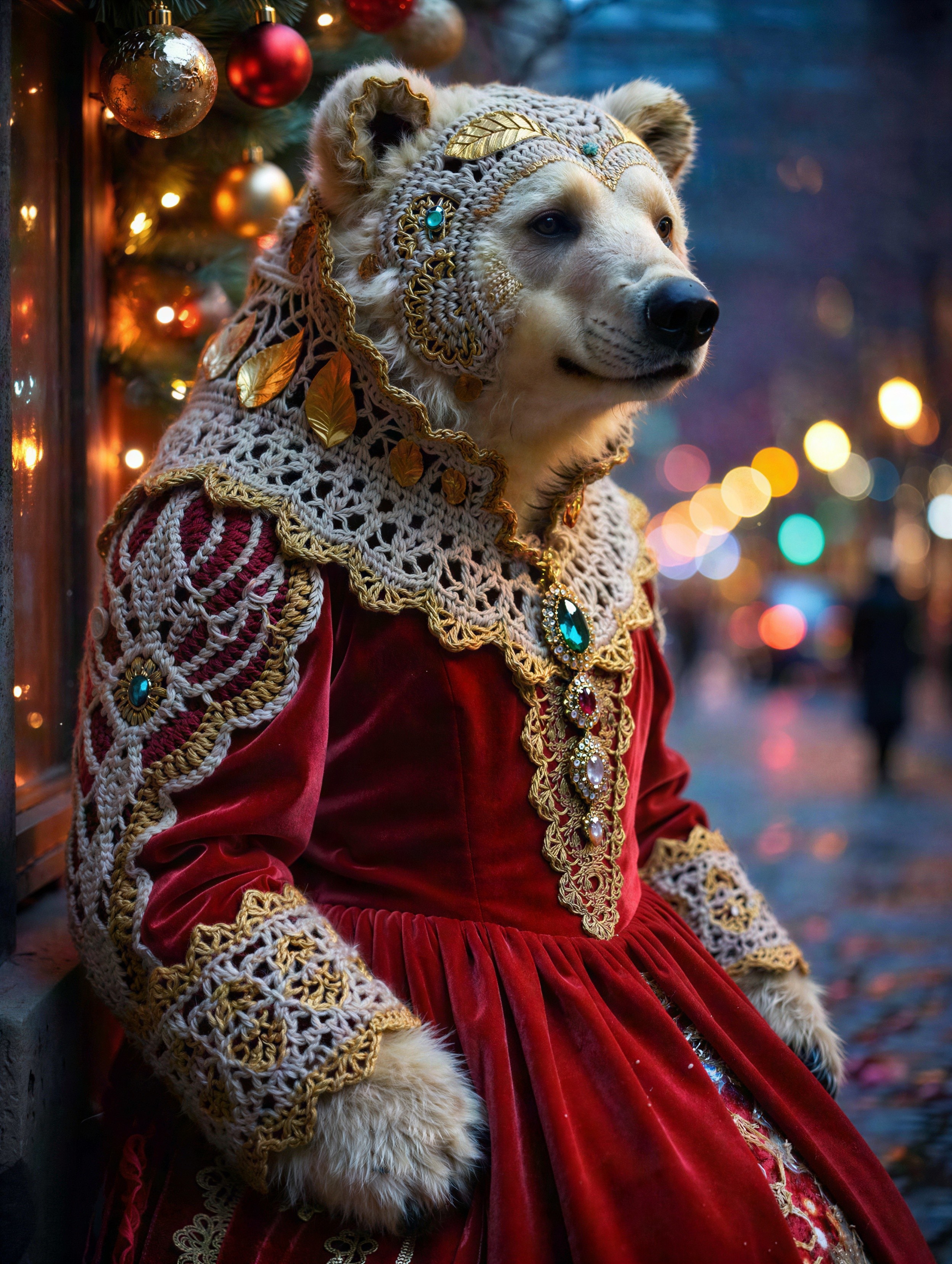 Majestic Polar Bear in Festive Costume and Decorations
