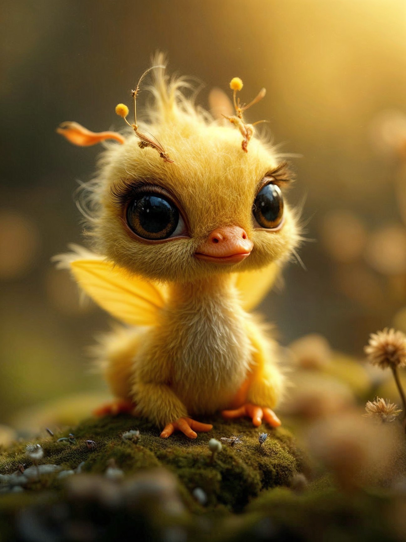 Whimsical Yellow Chick-Like Creature in Nature Setting
