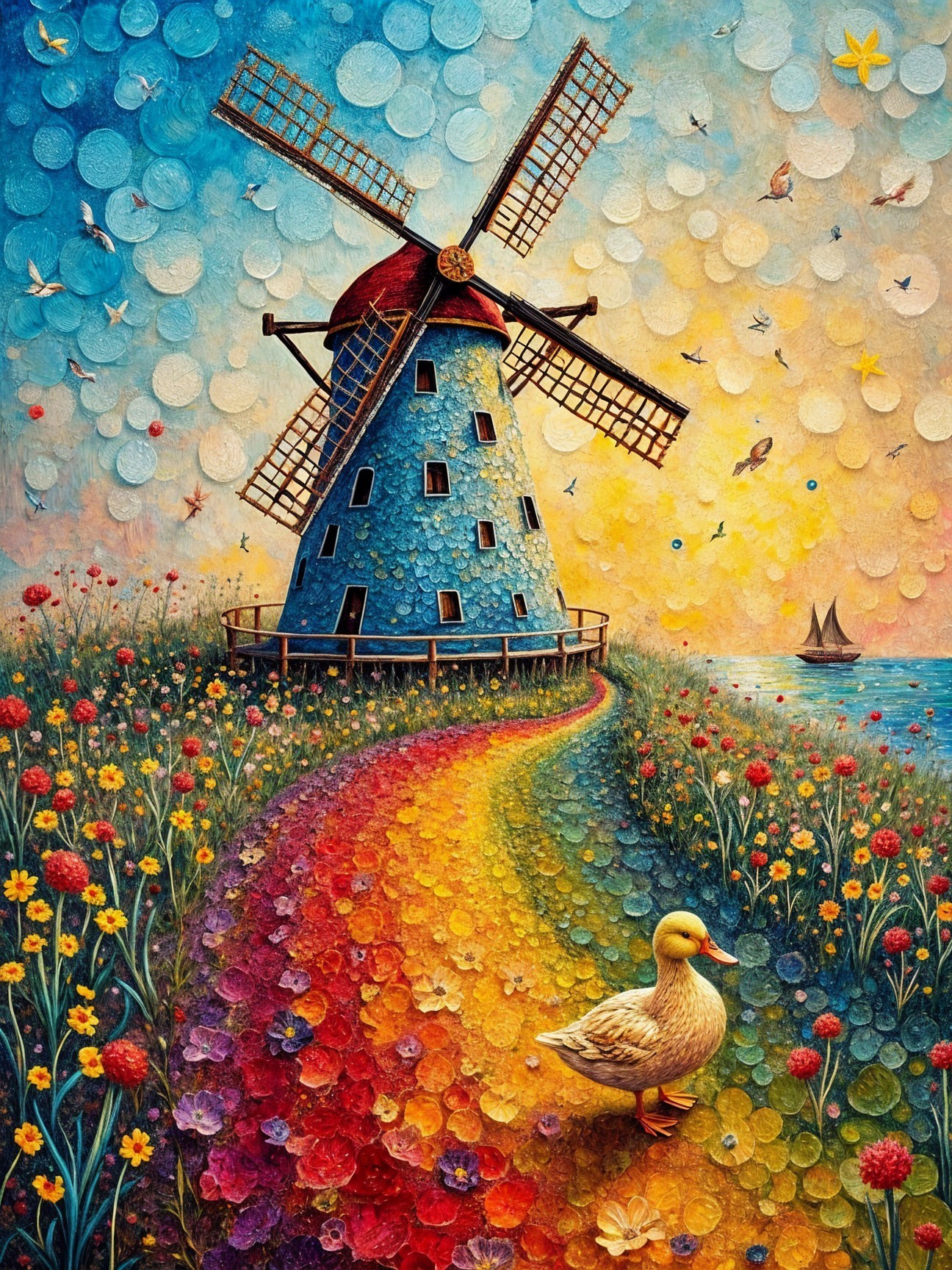 Colorful Landscape with Blue Windmill and Flowers