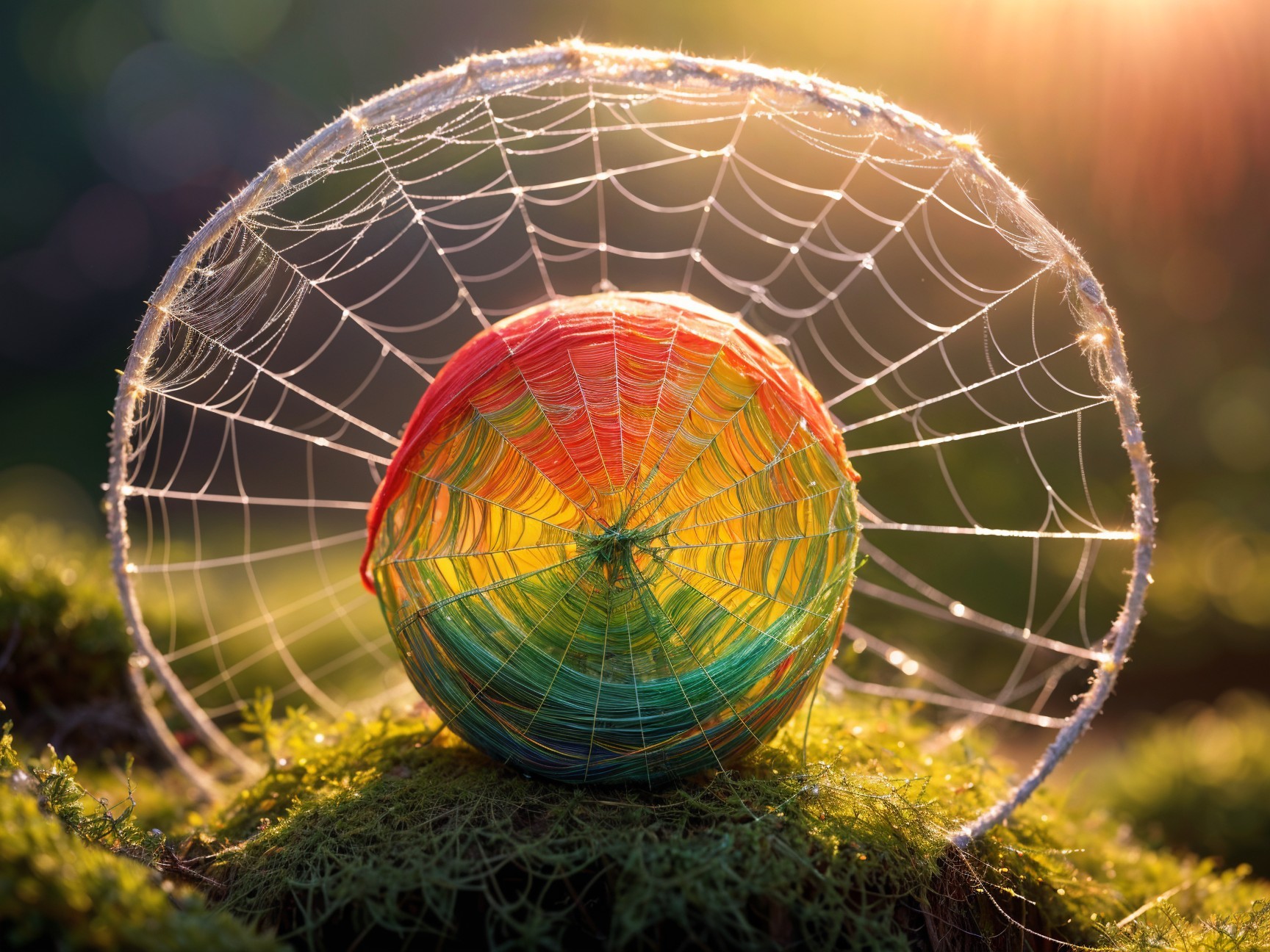 Rainbow Sphere in Spider Web on Mossy Surface