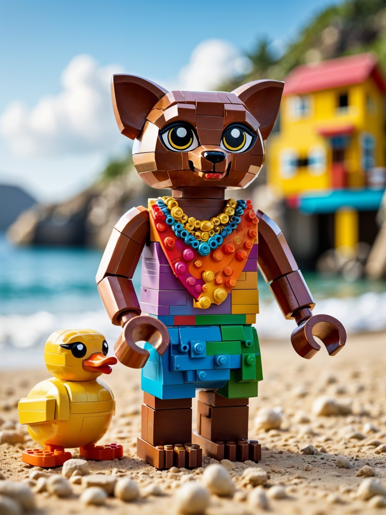 Colorful LEGO Beach Scene with Cat and Duck