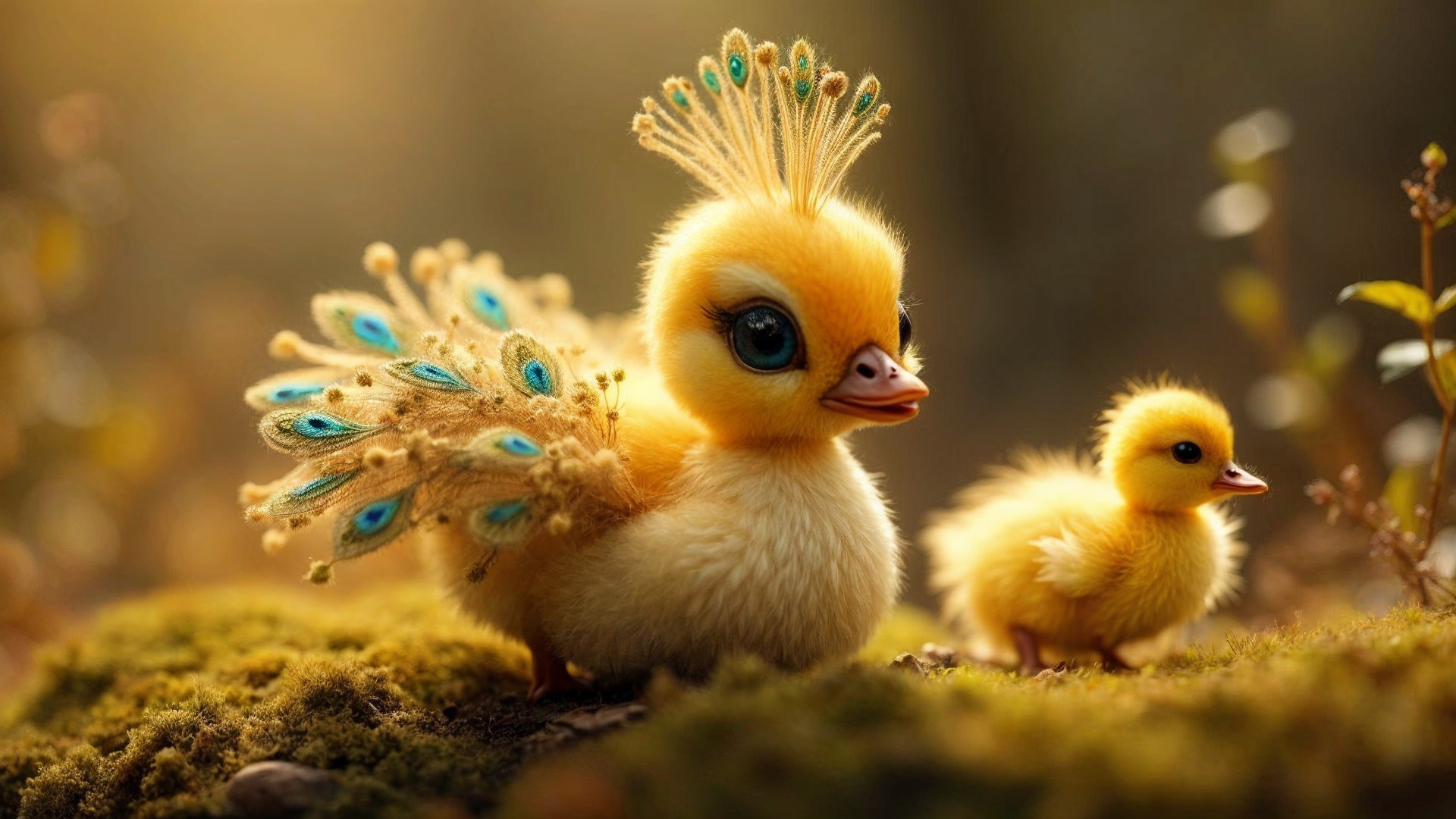 Charming Fluffy Chicks in a Mossy Landscape Scene