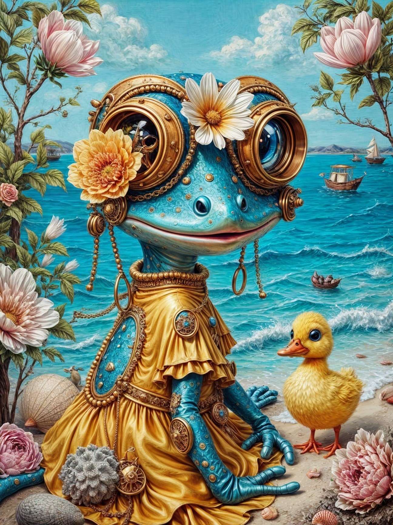 Steampunk Frog Character on a Beach with Duckling