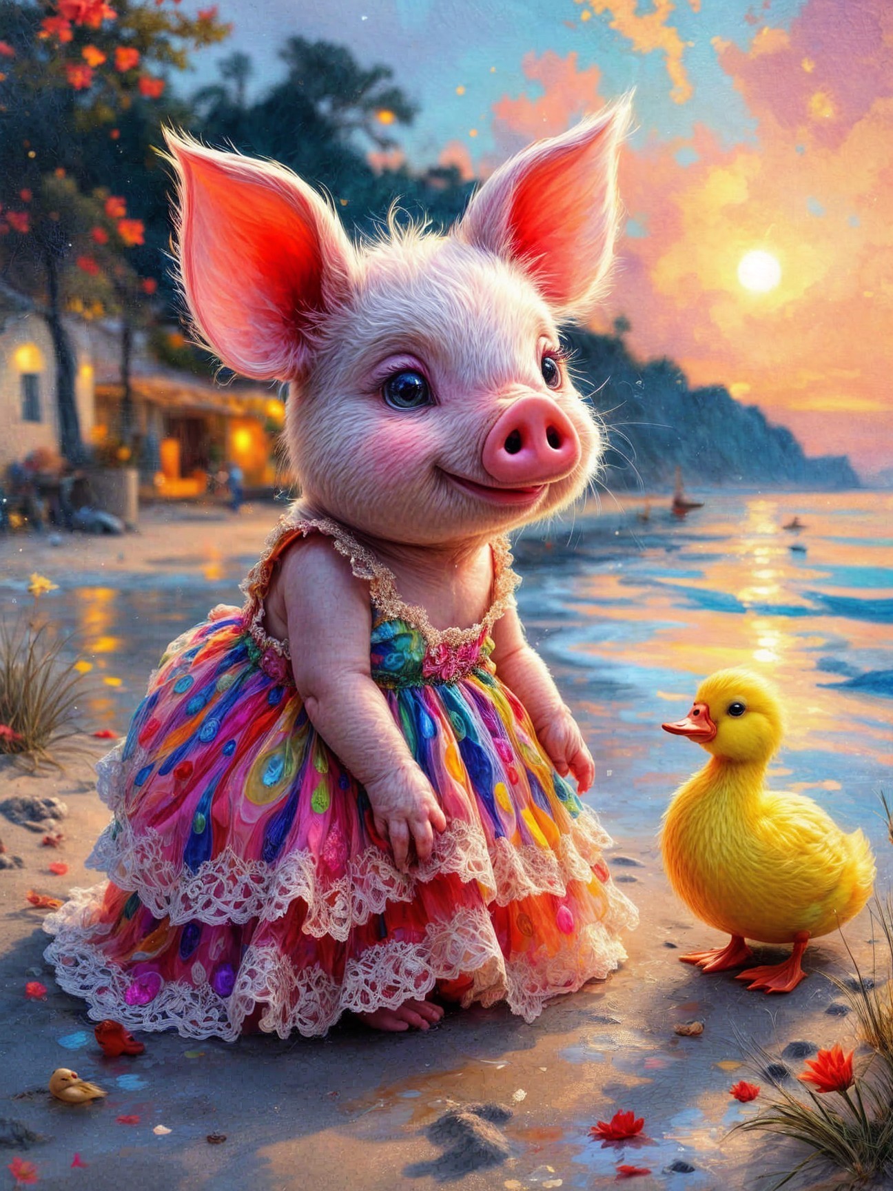 Adorable Piglet and Duckling at Sunset Beach Scene