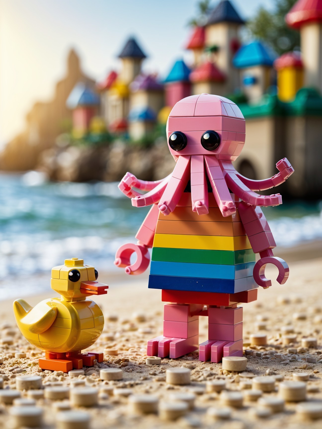 Colorful LEGO Octopus and Rubber Duck at Beach Scene