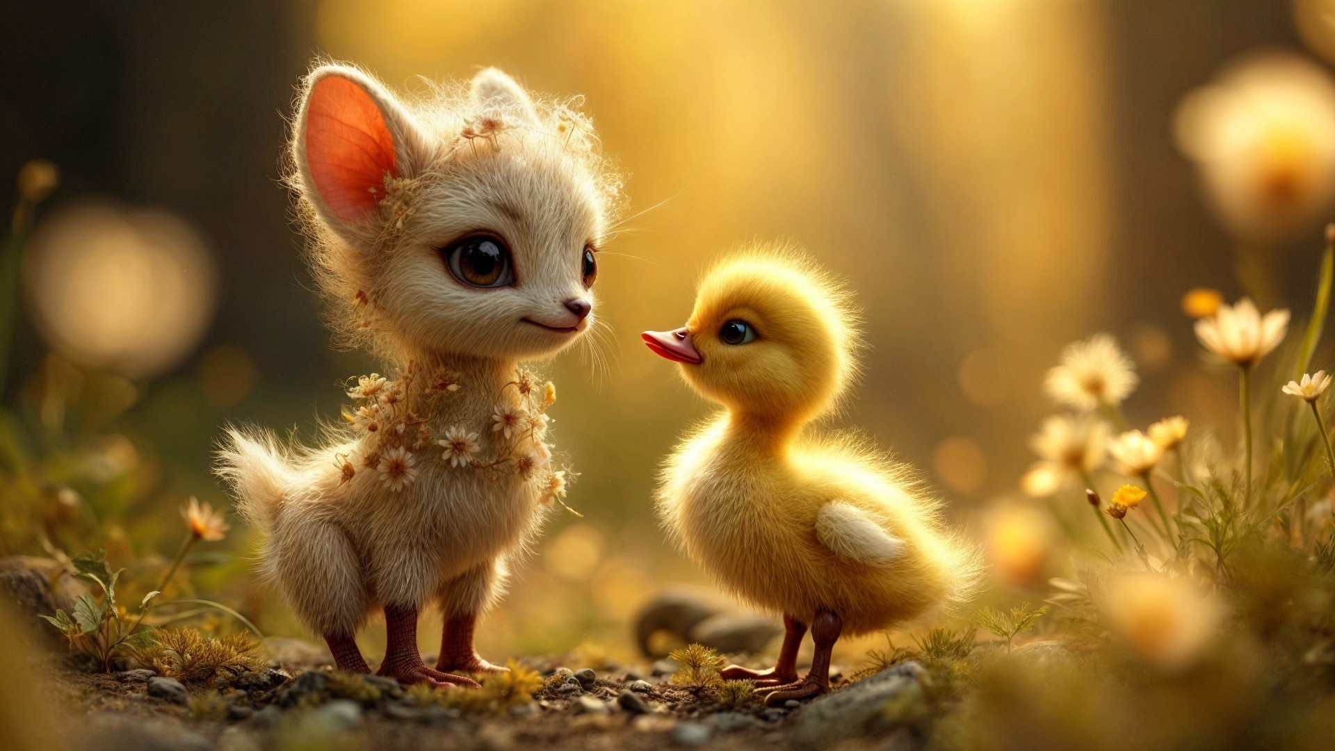 Charming Creature and Duckling in a Sunlit Forest
