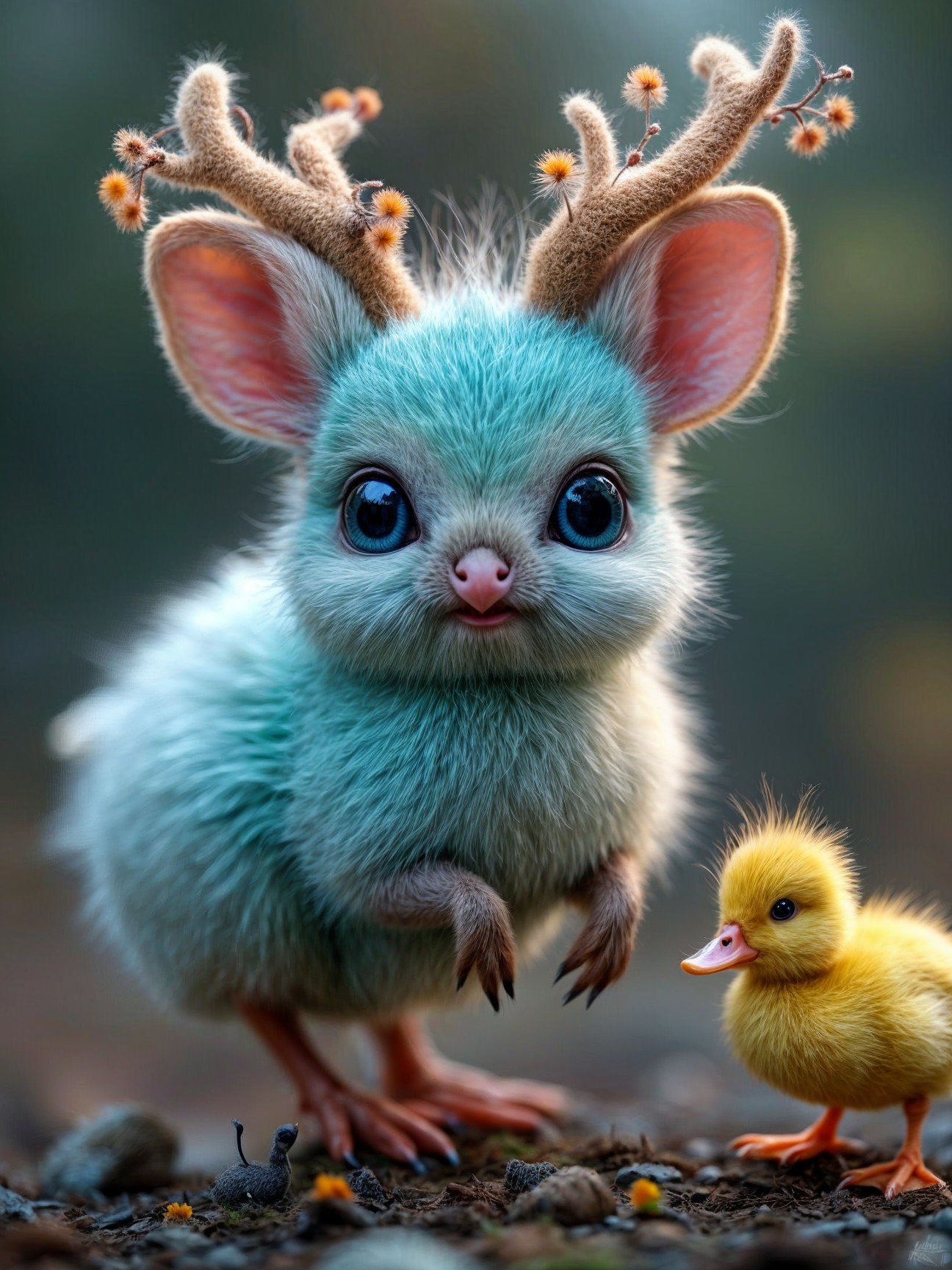 Fluffy Blue Creature and Yellow Duckling in Forest Scene