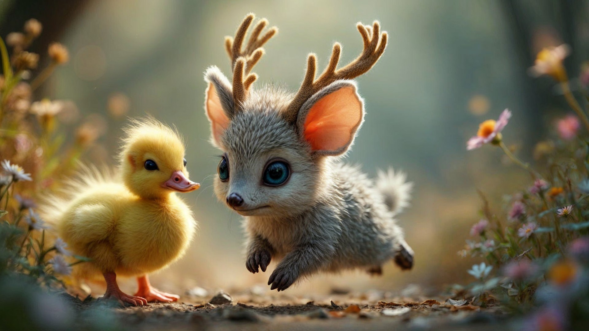 Whimsical Forest Scene with Cute Creature and Duckling
