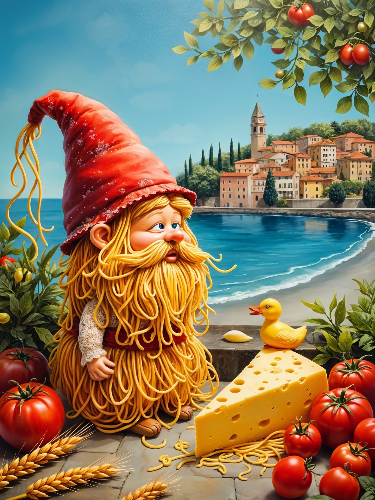 Whimsical Character in a Seaside Village Setting