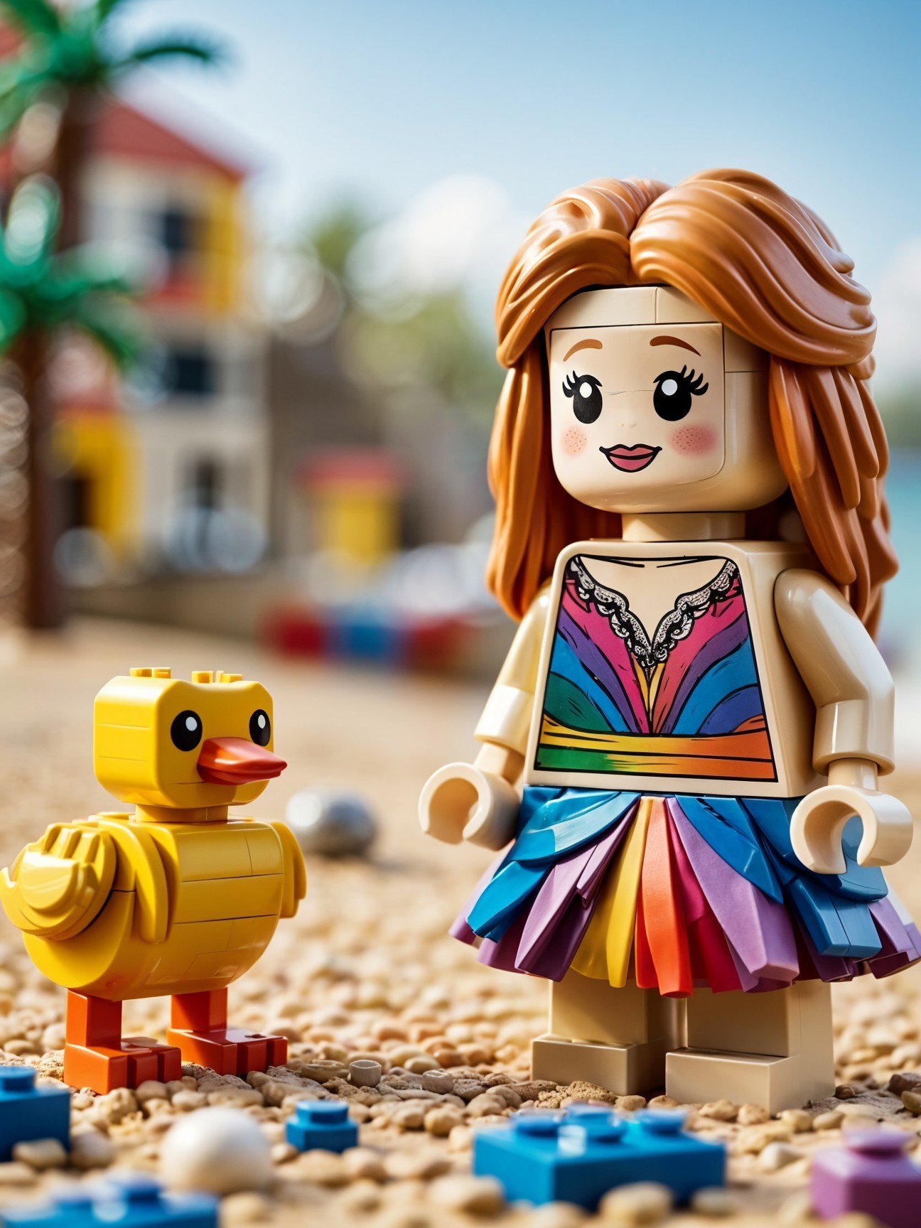 LEGO Figure on Beach with Rubber Duck and Palm Trees