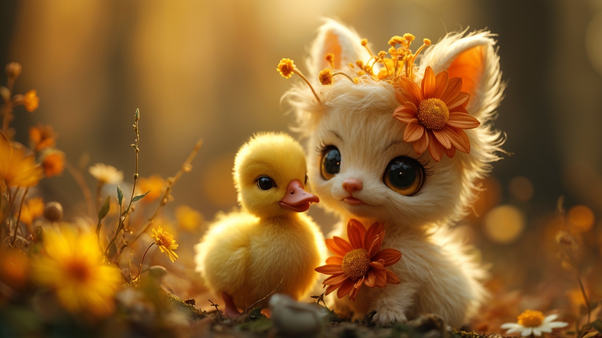 Whimsical Kitten and Duckling in Flower Field