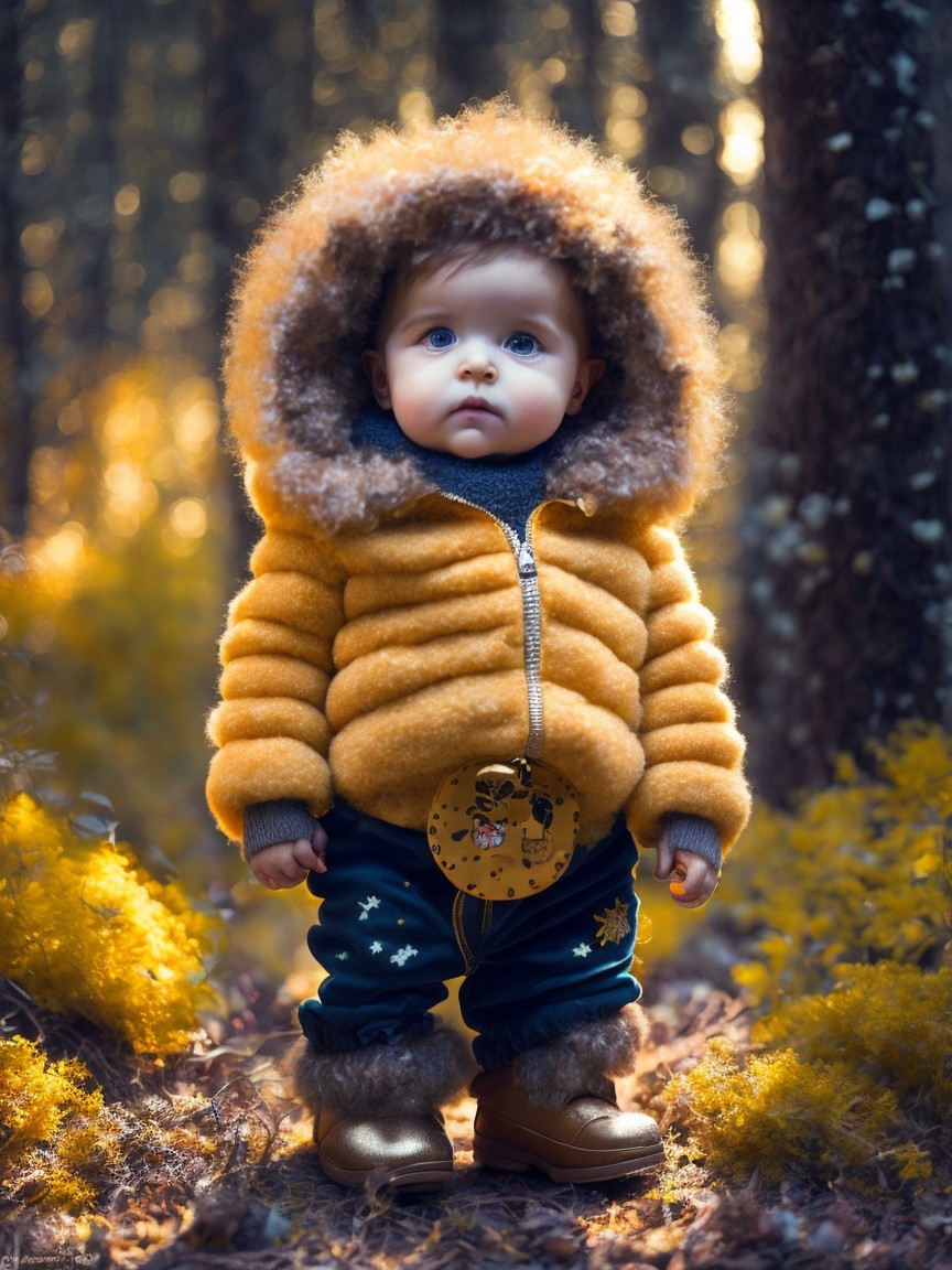 Toddler in Forest Surrounded by Autumn Leaves