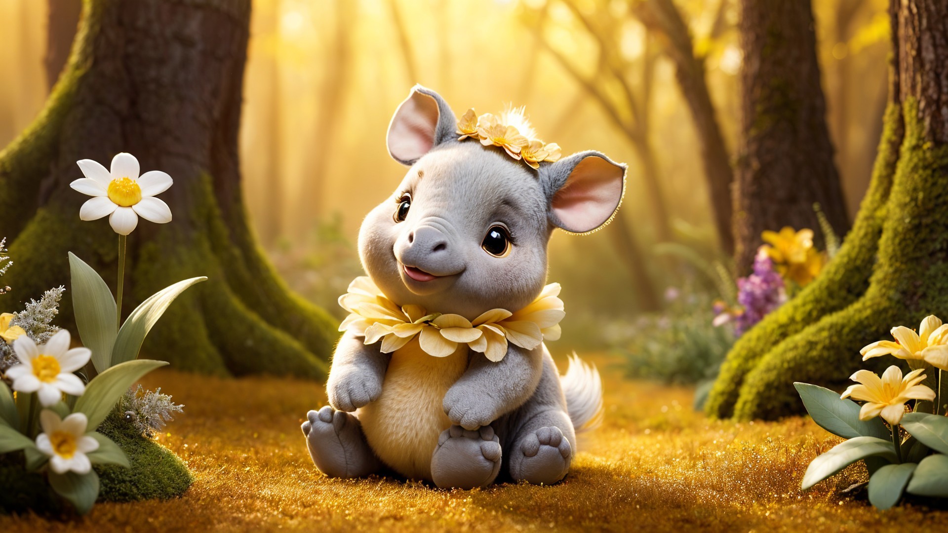 Cartoon Baby Elephant in a Sunlit Forest Setting